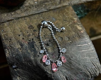 18K Gold Floating Pink Diamond Chain Ring: Au750 Adjustable Statement Ring