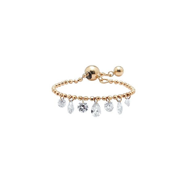 18K Gold Floating Diamond Chain Ring, Au750 Adjustable Slider Ring