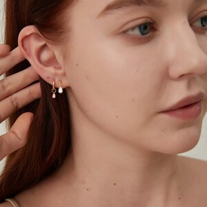 18K Solid Gold Floating Pear Diamond Charm Threaded Stud Earring, Au750 Unique extremely shiny earrings for Women, Wedding Anniversary gift.