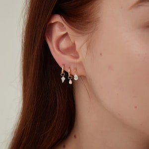 18K Solid Gold Floating Pear Diamond Charm Threaded Stud Earring, Au750 Unique extremely shiny earrings for Women, Wedding Anniversary gift.