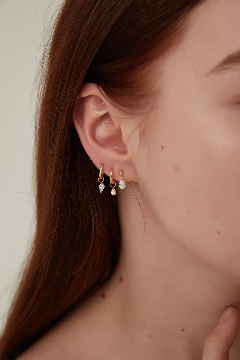 18K Solid Gold Floating Pear Diamond Charm Threaded Stud Earring, Au750 Unique extremely shiny earrings for Women, Wedding Anniversary gift.