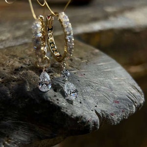 18K Solid Gold  Pear-Shaped Floating Diamond Earring Charm, Au750 Unique extremely shiny charm for Women/Girlfriend, Wedding gift.