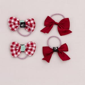 4 pc Festive Red Bow Hair Tie Set - Gingham Check and Solid Satin-Ponytail Holders for Toddlers and Girls