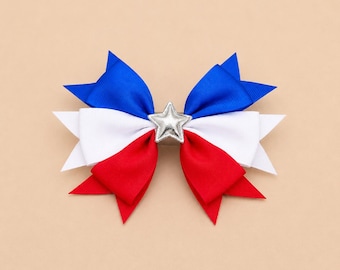 Patriotic Hair Bow Clip – Red White Blue Grosgrain Ribbon, Silver Star-4th of July Bow