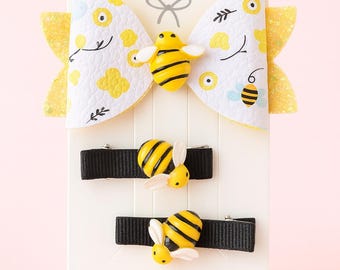 Bumblebee Hair Clip Set - Bee Bow & Clips, Spring Accessories
