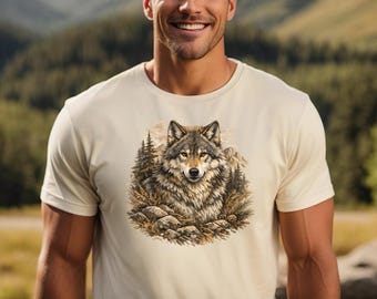 Camiseta masculina com estampa de lobo, ideal para amantes da natureza, aventuras ao ar livre e animais. Perfeito para quem ama animais e natureza.
