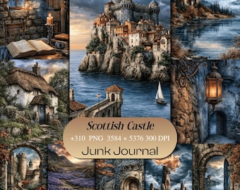 May include: A digital collage of Scottish castle scenes featuring stone architecture, coastal landscapes, a thatched cottage, and a library interior. The central text reads: Scottish Castle +310 PNG 3584 x 5376 300 DPI Junk Journal.