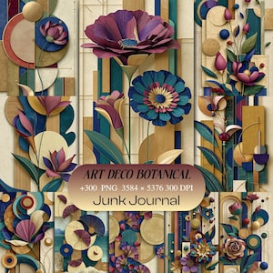 Puede incluir: Una colección digital de gráficos botánicos Art Déco para junk journal con flores de papel en capas, formas geométricas y detalles dorados. El texto dice ART DECO BOTANICAL +300 PNG 3584 x 5376 300 DPI Junk Journal.
