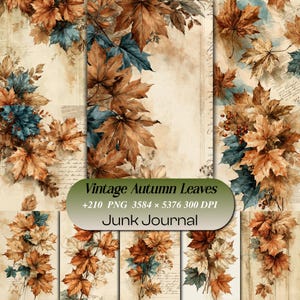 May include: A digital collection of vintage autumn leaves featuring brown and teal maple foliage, script text, and botanical elements. The text reads: Vintage Autumn Leaves +210 PNG 3584 x 5376 300 DPI Junk Journal. These graphics are for creative projects.