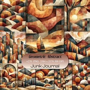 May include: A collection of geometric abstract digital art prints featuring warm autumn tones of orange, brown, and deep blue. The designs include stylized landscapes, sailboats, city buildings, and circular patterns with the text Geometric Abstract.