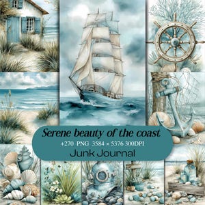 Peut inclure: Un collage numérique présentant des éléments nautiques, notamment un grand voilier sur l'océan, une barre de navire en bois, une ancre métallique avec des filets de pêche, des coquillages, un cottage côtier, un casque de plongée et des herbes marines.