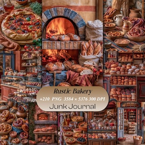 May include: A digital collage of a rustic bakery featuring images of a wood-fired oven with flames, various breads, pastries, pretzels, and pizza. The text reads Rustic Bakery +210 PNG 3584 x 5376 300 DPI Junk Journal.