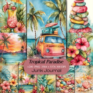 Peut inclure: Une collection numérique d'illustrations sur le thème tropical avec un van orange vintage, des palmiers, des fleurs d'hibiscus, des pierres empilées colorées, des coquillages et un cocktail, avec le texte Tropical Paradise +200 PNG 3584 x 5376 300 DPI Junk Journal.