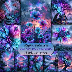 May include: A digital collage of fantasy landscapes and floral illustrations in vibrant shades of purple, blue, and pink. The text reads Magical Botanical +380 PNG 3584 x 5376 300 DPI Junk Journal. Features include glowing trees, stone stairs, and flowers.