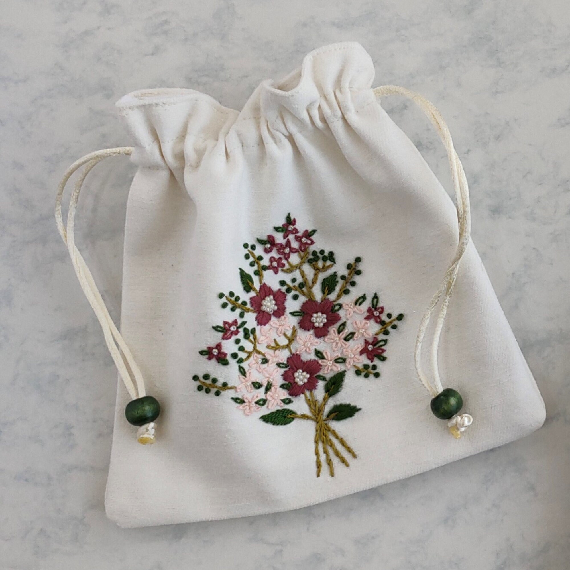 Original Handmade Small Pink Flower Embroidered Drawstring Storage