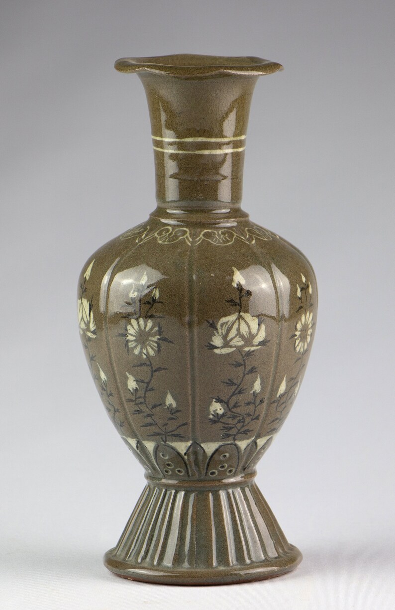 Korean 20th Century Koryo Style Celadon Melon Flower Vase... Etsy