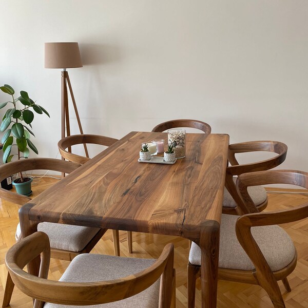 Walnut dining table with bench, Solid wood dining table, Kitchen table, Live edge dining table, Rustic table, Farmhouse table, Dine table