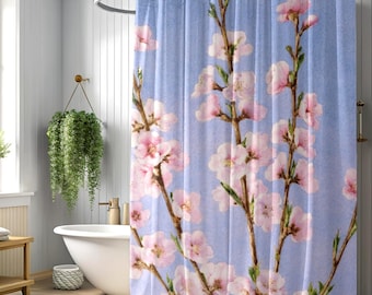 Cherry Blossom Shower Curtain, Blue Floral Bathroom Decor, Spring Botanical Bath Curtain, Romantic Watercolor Flower Design