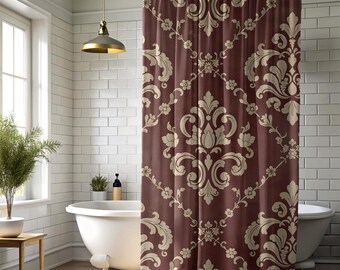 Burgundy Vintage Damask Shower Curtain, Classic Floral Bathroom Decor, Retro Art Deco