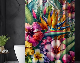 Tropical Floral Shower Curtain - Vibrant Hibiscus Bathroom Decor, Exotic Botanical Bath Curtain