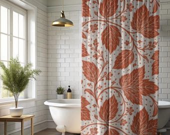 Terracotta Floral Shower Curtain, Boho Botanical Bathroom Decor, Burnt Orange Leaf Bath Curtain, Cottagecore Bathroom