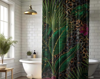 Moody Tropical Shower Curtain, Leopard Botanical Bathroom Decor, Dark Emerald Green Jungle Bath Curtain, Luxury Exotic Spa Aesthetic