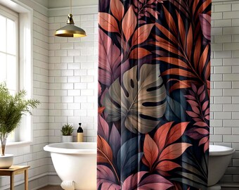 Moody Botanical Shower Curtain, Dark Teal Copper Leaves, Tropical Jungle Bathroom Decor, Luxury Artistic Bath Curtain