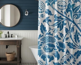 Blue Floral Shower Curtain | Vintage Botanical Bathroom Decor | Classic Cottage Bath