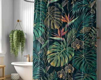 Tropical Botanical Shower Curtain, Dark Jungle Bathroom Decor, Luxury Botanical Bath, Hummingbird Monstera Maximalist Tropical Decor