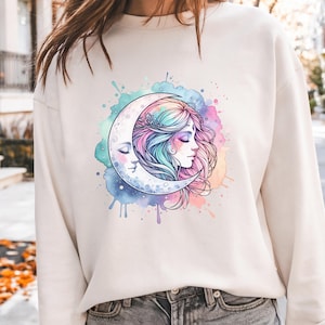 Celestial Bliss Oversized Sweater - Soft Pastel Moon Crewneck Sweatshirt, Boho Chic Gift