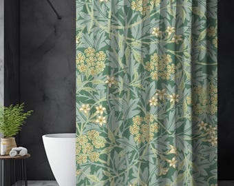 Green William Morris Inspired Floral Shower Curtain - Vintage Botanical Arts & Crafts Style
