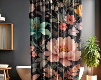 Moody Floral Shower Curtain Vintage Flower Bathroom Decor Dark Botanical Bath Curtain Feminine Aesthetic Bloom Design