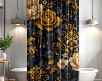 Navy Gold Floral Shower Curtain Luxury Vintage Bathroom Decor Elegant Moody Flower Bath Curtain Dark Blue Botanical Aesthetic