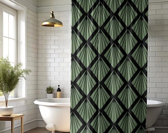 Sage Green Art Deco Shower Curtain, Geometric Bathroom Decor, Vintage Modern Bath