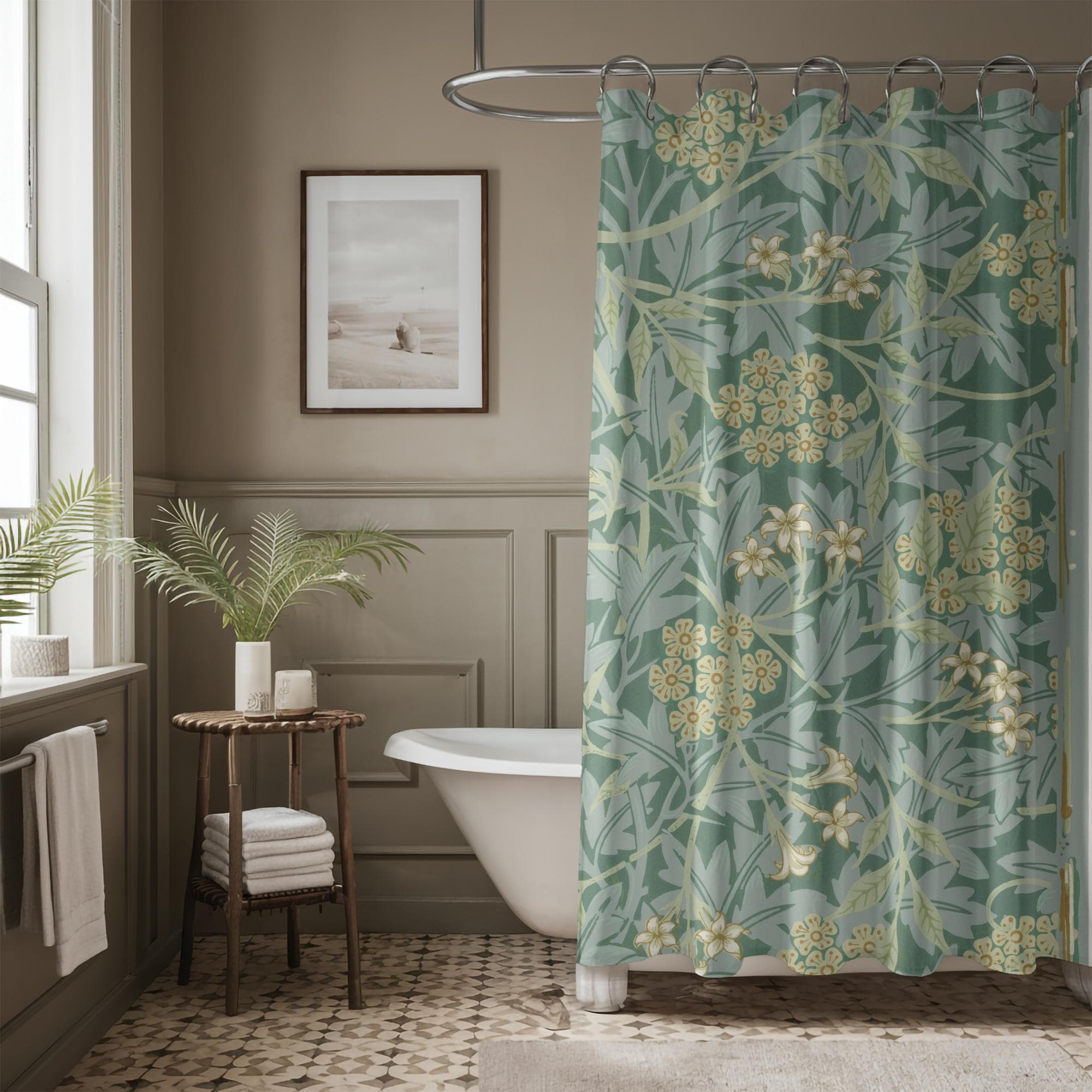 Green Floral Shower Curtain - William Morris Inspired Botanical Design