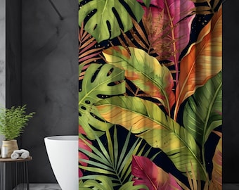 Tropical Shower Curtain, Jungle Leaves Botanical Bathroom Decor, Dark Bath Curtain, Plant Aesthetic Modern Nature Bathroom