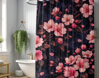 Cherry Blossom Shower Curtain Dark Floral Bathroom Decor Moody Pink Flower Bath Curtain Japanese Aesthetic Botanical Bathroom