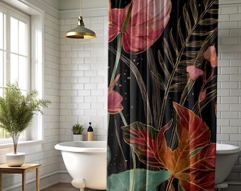 Moody Botanical Shower Curtain, Dark Tropical Bathroom Decor, Maximalist Floral Bath Curtain, Luxury Jungle Aesthetic