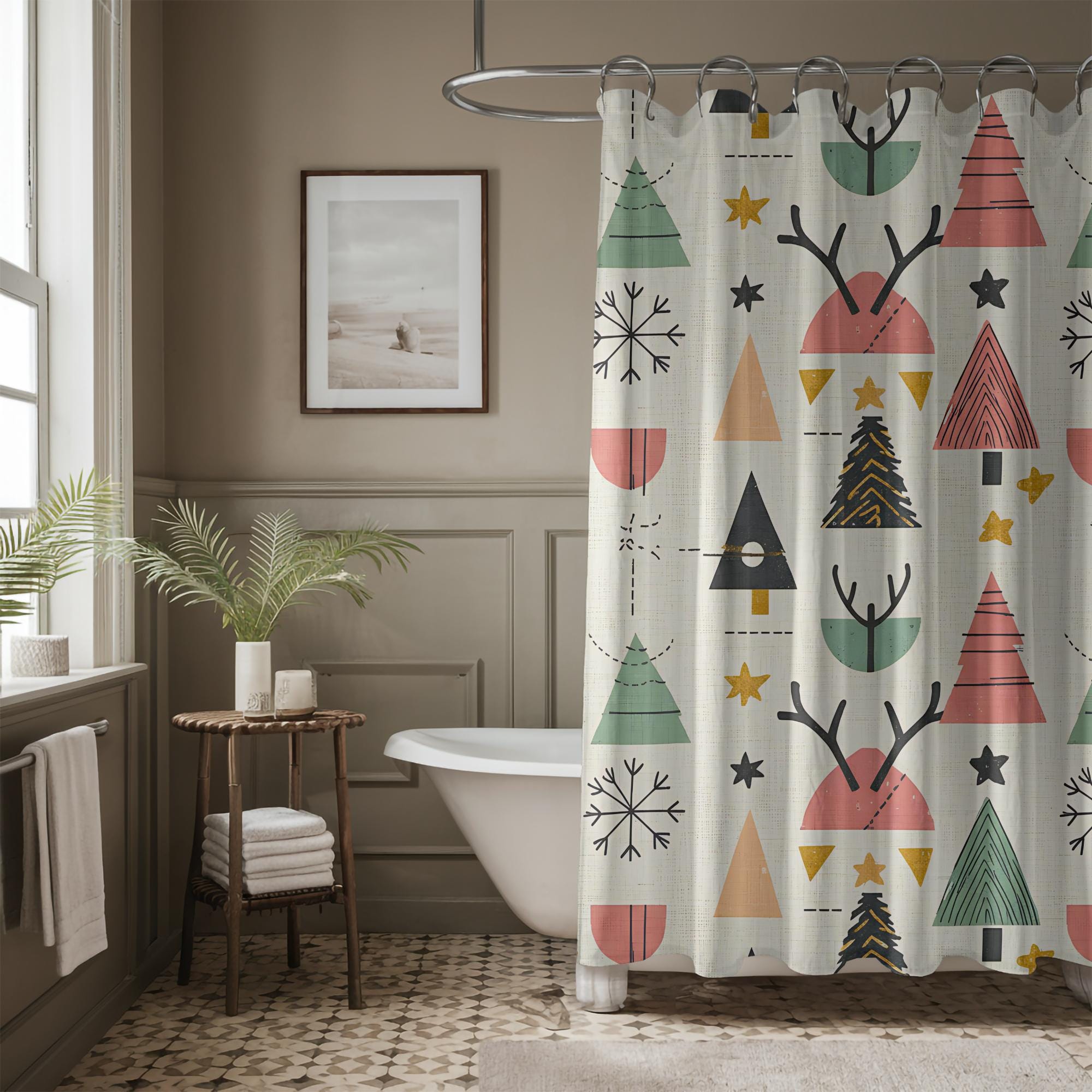 Scandinavian Christmas Shower Curtain - Modern Art Holiday Bathroom…