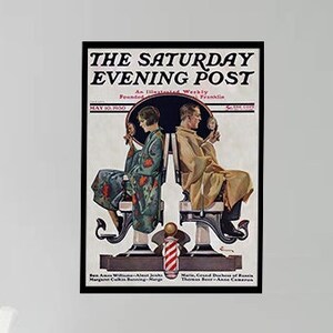 May include: A vintage magazine cover for The Saturday Evening Post, featuring a couple sitting on barber chairs. The woman is wearing a blue dress with red flowers and the man is wearing a brown suit. The magazine cover is dated May 30, 1920.