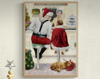 Funny Vintage Santa Claus Poster Digital Download | Christmas Printable Wall Art  | Norman Rockwell Santa&#39;s Diner| Christmas time | Relaxing