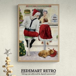 Funny Vintage Santa Claus Poster Digital Download | Christmas Printable Wall Art  | Norman Rockwell Santa&#39;s Diner| Christmas time | Relaxing