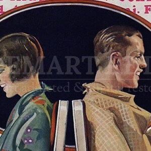 May include: A vintage illustration of two people looking into hand mirrors. The woman is on the left, wearing a green and floral patterned dress. The man is on the right, wearing a brown tweed jacket. The background is black with a white oval frame.
