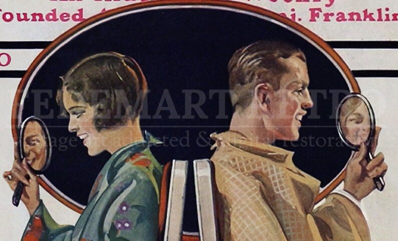 May include: A vintage illustration of two people looking into hand mirrors. The woman is on the left, wearing a green and floral patterned dress. The man is on the right, wearing a brown tweed jacket. The background is black with a white oval frame.