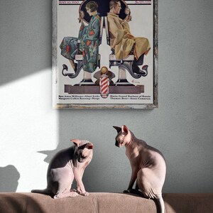 May include: Two hairless cats sit on a brown couch in front of a framed vintage magazine cover. The magazine cover is for "The Saturday Evening Post" and features a couple getting a haircut. The magazine cover is dated May 10, 1930.