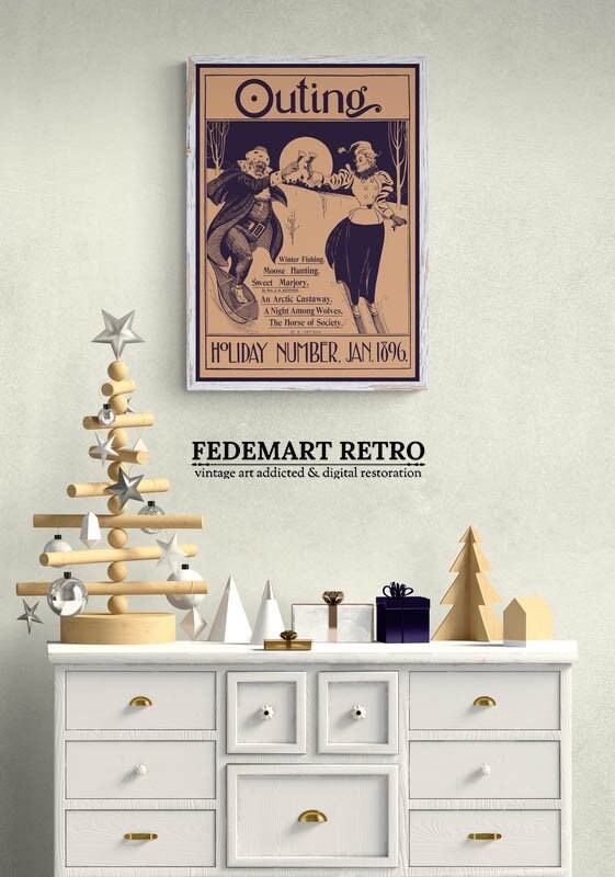 Santa Claus is skying down the mountain | Christmas Outing. Holiday period | 1896 art print | DOWNLOAD digitally restored vintage poster