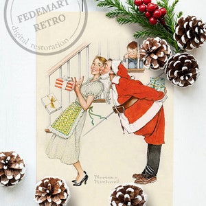 Grappige Vintage Kerstman Poster Digitale Download | Norman Rockwell kerstverrassing | Muurkunst Kerstmis | Kerstcadeau | Vrije tijd