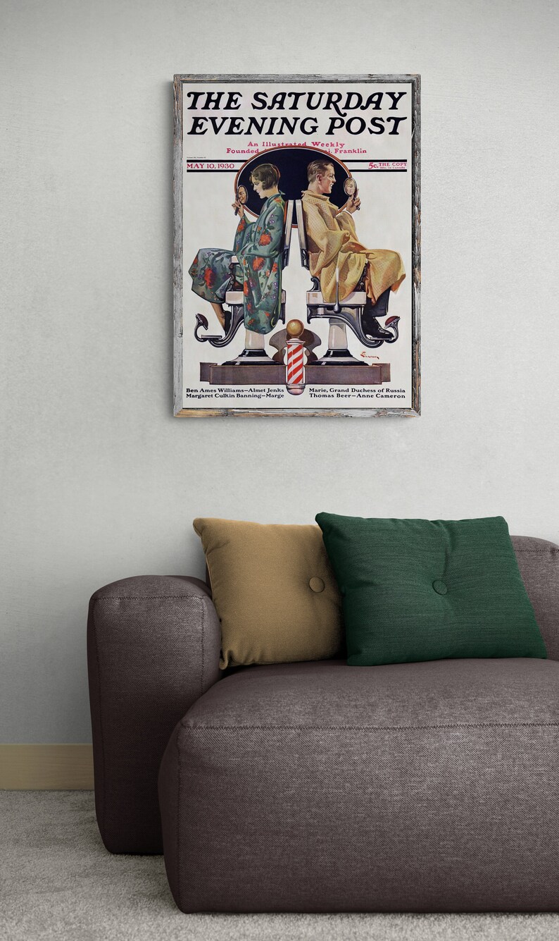 May include: A vintage magazine cover for The Saturday Evening Post, dated May 10, 1930. The cover features an illustration of two people sitting in barber chairs, getting their hair cut. The text on the cover reads "The Saturday Evening Post, An Illustrated Weekly, Founded Franklin, 5c The Copy."