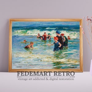 Puede incluir: Una pintura al óleo vintage que representa a un grupo de personas nadando en el océano. La pintura presenta un cielo azul, olas blancas y personas en varias poses de natación. La pintura está enmarcada en un marco dorado.