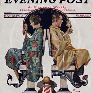 May include: The cover of The Saturday Evening Post magazine from May 10, 1930, features an illustration of a man and a woman sitting in barber chairs, each looking into a hand mirror. The text "The Saturday Evening Post" is printed in bold, black letters at the top of the cover. The text "An Illustrated Weekly" is printed in smaller, black letters below the title. The text "Founded i. Franklin" is printed in smaller, black letters below the subtitle. The text "May 10, 1930" is printed in black letters at the bottom left of the cover. The text "5c. The Copy 10c. in Canada" is printed in black letters at the bottom right of the cover.